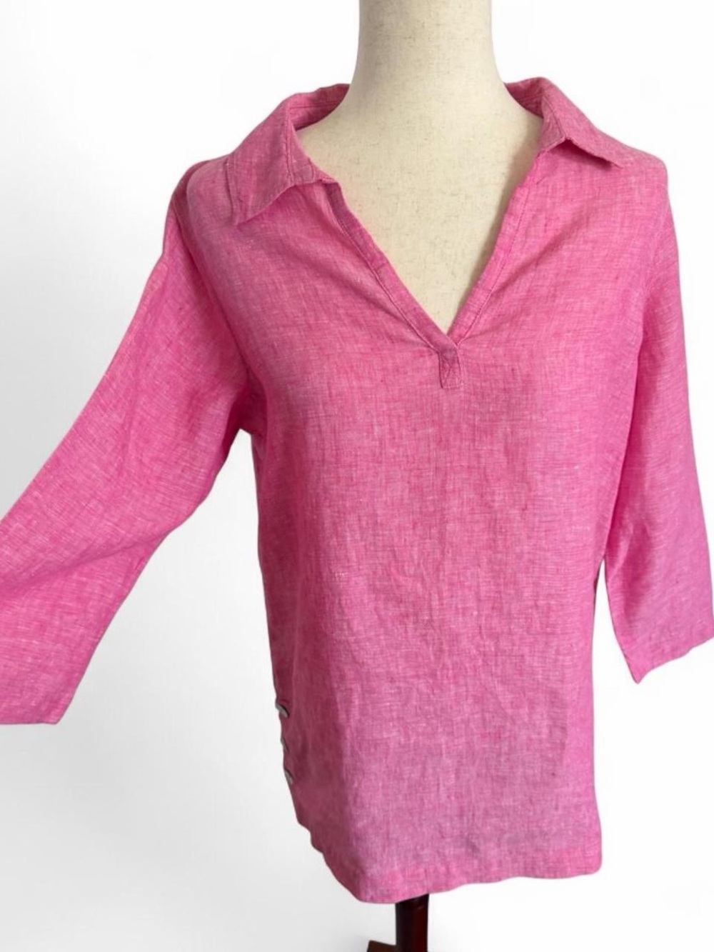 Tahari Pink 100% Linen Top Medium Boho Coastal Resort Lagenlook Pearl Buttons